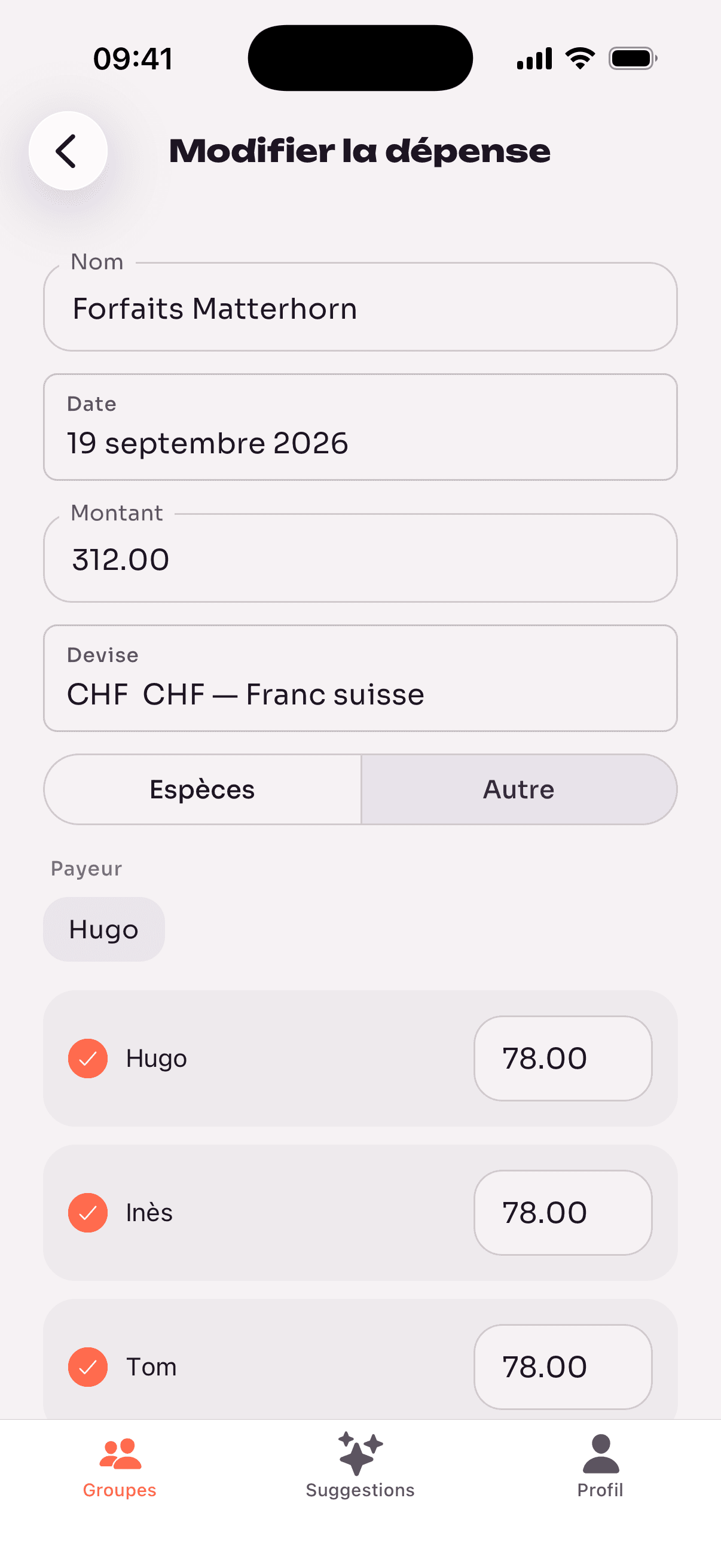 Une dépense payée en francs suisses dans un groupe en euros